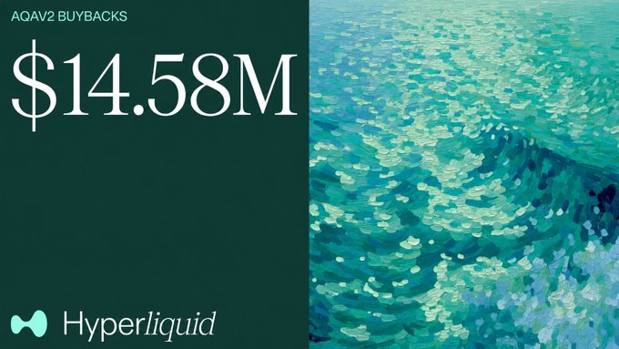 A promotional graphic displays 'AOAV2 BUYBACKS $14.58M' on a dark green background featuring an impressionist-style ocean wave painting and the Hyperliquid logo.