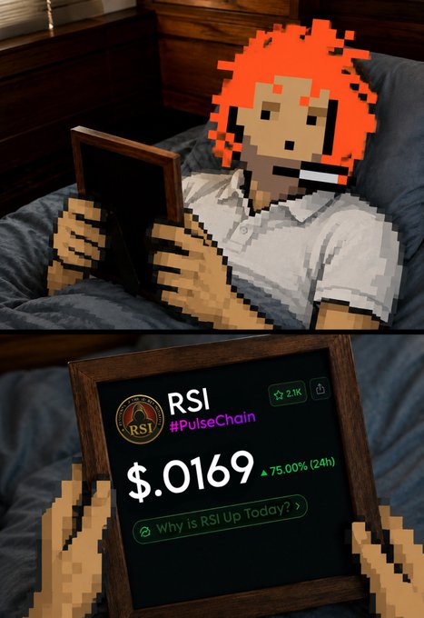 A pixel-art style image shows a character with red hair looking at a tablet displaying the cryptocurrency 'RSI' at '$.0169', up 75.00% (24h).
