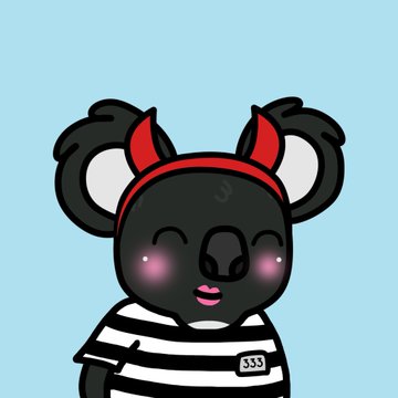 A cute cartoon illustration of a koala with red devil horns and a striped shirt numbered '333' against a light blue background.