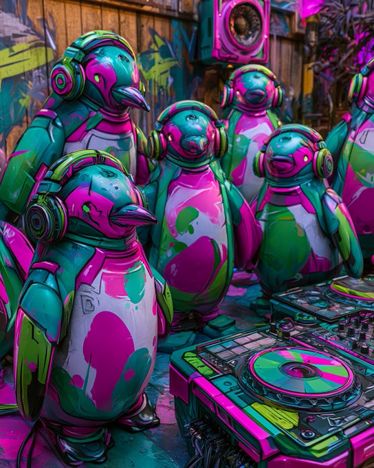 A group of stylized penguins wearing neon headphones and painted in vibrant pink, teal, and green graffiti-style colors gather around a DJ turntable in an urban setting. The image ties into the "GM Degens" crypto culture theme, with the penguins' bold, rebellious energy and DJ setup symbolizing the hustle, rhythm, and resilience of grinding in the market—echoing the post's message about hard work outweighing luck in the crypto space.