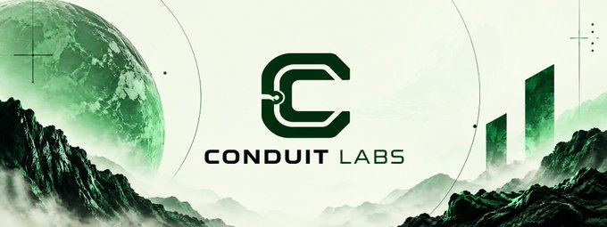 A banner for 'CONDUIT LABS' featuring a stylized green 'C' logo with an arrow design, set against a backdrop of mountains, a large planet/moon, and architectural elements.