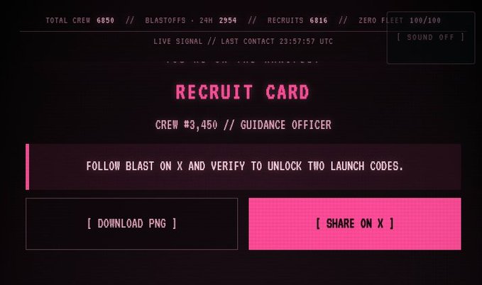A digital 'RECRUIT CARD' screen with a dark background and pink text, displaying 'CREW #3,450 // GUIDANCE OFFICER' along with stats like 'TOTAL CREW 6850' and buttons for 'DOWNLOAD PNG' and 'SHARE ON X'.