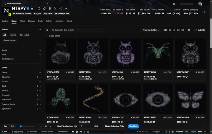 A screenshot of an NFT marketplace called 'NTRPY' displaying various NFT collections with their floor prices, total volume of $7,902.7B, and listings.