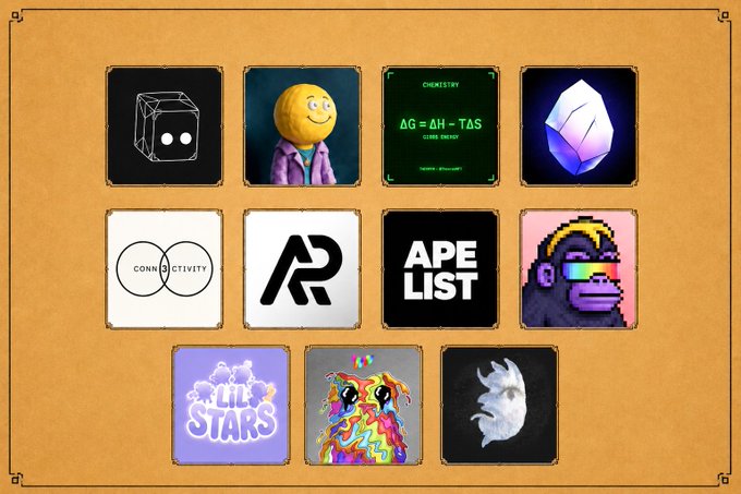 The image features a collection of twelve square icons, each representing a different cryptocurrency or token. The icons include logos for tokens such as "Ape List", "Mint Date", "Public", "Fee Schedule", "Whitelist", "Chance", "Eligible communities can mint during the GTD/FCFS phases More wallets are still being added Final Whitelist Chance:". The icons are arranged in a grid format, with four rows and three columns.