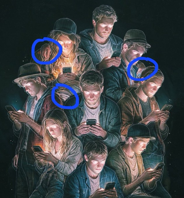 A group of similarly dressed people all staring intently at their glowing phones, with three blue circles highlighting extra hands and fingers awkwardly emerging from the figures—an anatomical error that explains the post's confusion about Beeple's work.