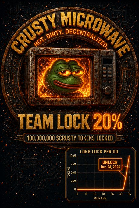 A promotional graphic titled 'CRUSTY MICROWAVE' featuring a Pepe the Frog meme in a burning microwave, advertising 'TEAM LOCK 20%' with '100,000,000 $CRUSTY TOKENS LOCKED' and a token unlock schedule chart.