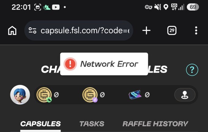 A mobile browser showing the capsule.fsl.com website with a 'Network Error' pop-up displayed over the page, featuring tabs for CAPSULES, TASKS, and RAFFLE HISTORY.