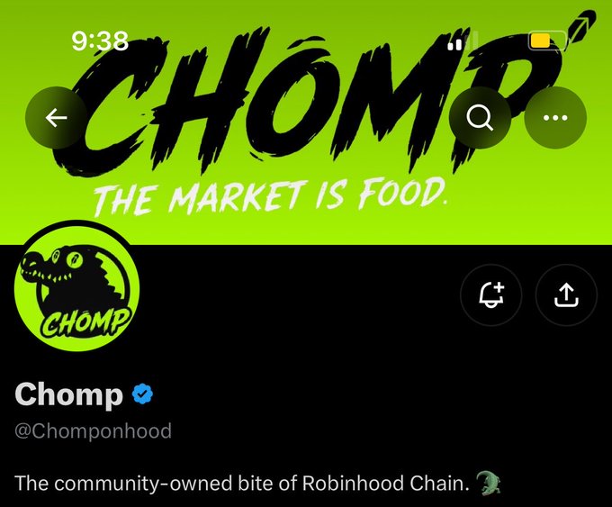 A screenshot of a social media profile for 'Chomp' (@Chomponhood) with the tagline 'THE MARKET IS FOOD' and a dinosaur logo.