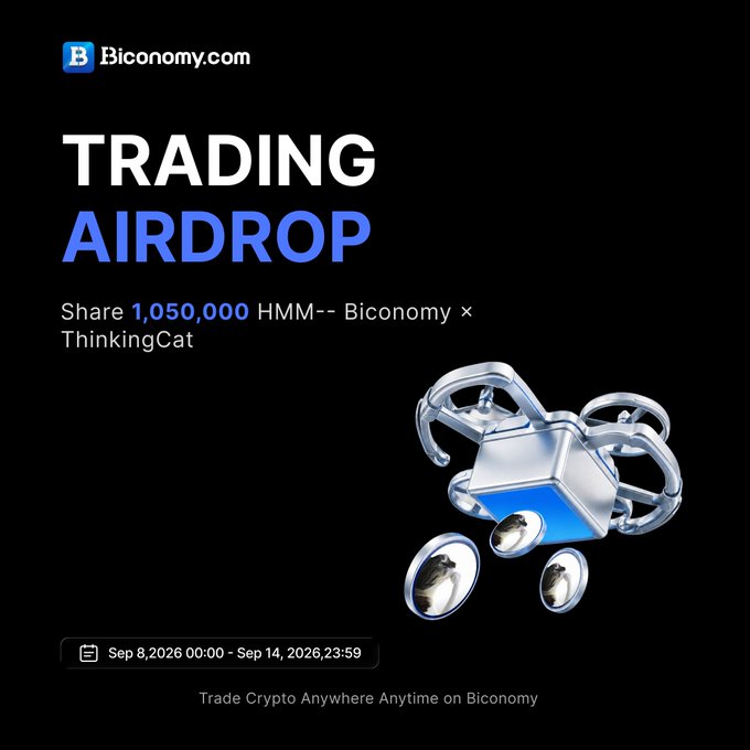 A Biconomy.com advertisement for a TRADING AIRDROP sharing 1,050,000 HMM tokens (Biconomy × ThinkingCat), running from Sep 8 to Sep 14, 2026.