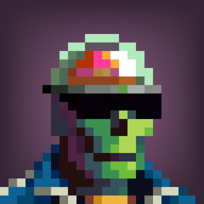 A pixel art portrait of a figure wearing a green helmet with a red logo and a black visor, resembling a retro video game character.