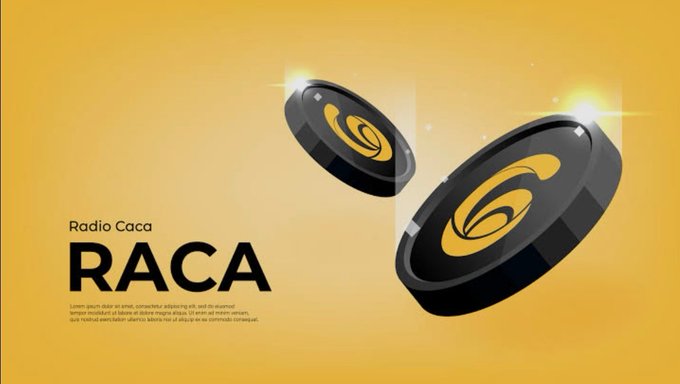 Promotional graphic for Radio Caca (RACA) cryptocurrency featuring two stylized black and gold coins against a yellow background.