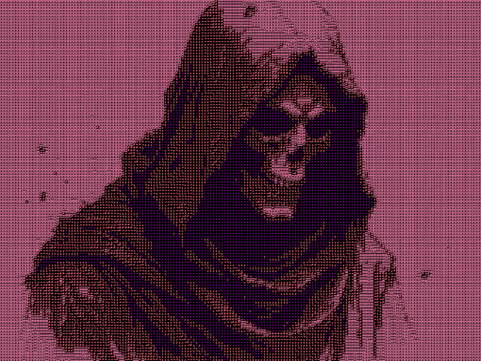 A pixelated or cross-stitched style artwork of a hooded figure on a purple background.
