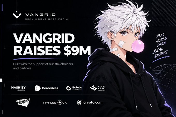 An anime-style character with a bubble gum bubble blowing announces 'VANGRID RAISES $9M' with the tagline 'REAL-WORLD DATA FOR AI' and lists partner logos.