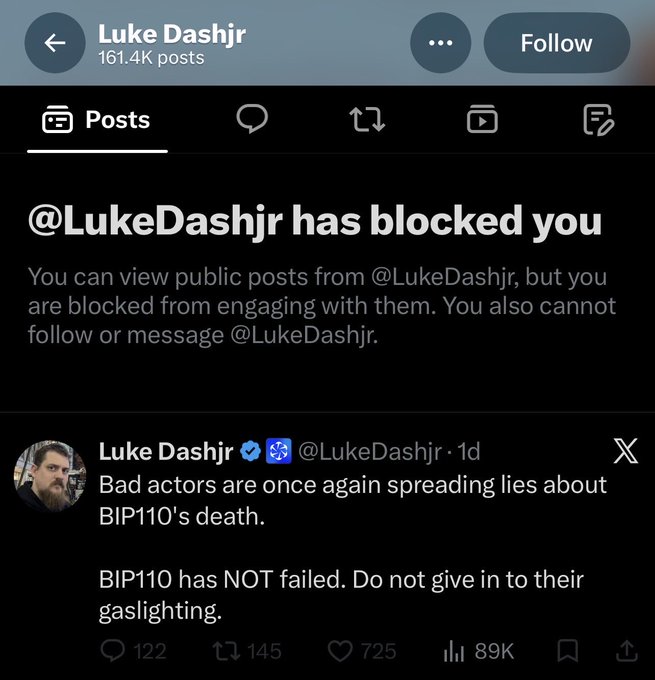 A screenshot of X (formerly Twitter) showing that '@LukeDashjr has blocked you', with a visible tweet stating 'Bad actors are once again spreading lies about BIP110's death. BIP110 has NOT failed. Do not give in to their gaslighting.'