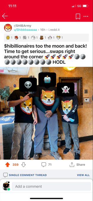 A screenshot of a Reddit post from r/SHIBArmy by u/Shibbbaaaaaa shows three people wearing Shiba Inu dog masks and a panda mask, posing together with text celebrating 'Shibillionaires' and 'HODL'.