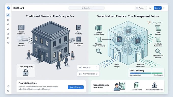 A dashboard comparing 'Traditional Finance: The Opaque Era' and 'Decentralized Finance: The Transparent Future' (DeFi_JUST), featuring illustrations of a dark building versus a transparent, gear-filled structure.