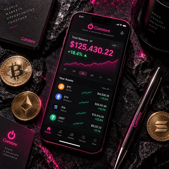 A Coinstore cryptocurrency app displays a total balance of $125,430.22, up 18.4%, alongside assets including BTC, ETH, SOL, and USDT; Bitcoin, Ethereum, and Solana coins surround the phone.