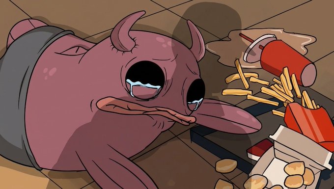 The image features a cartoon fish with sad eyes lying on its side on the floor next to some fries and a soda can. The text accompanying the image reads "some personal news: i'm stepping down from my role at @AvaLabs and @AvalancheFDN today. I was the intern who for marketing purposes shortened “business” to “bussy" this marks the end of an era for me, but it was time to move on.". The fish's sad expression is a reflection of the personal news shared in the image.