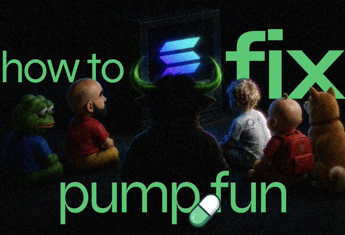 Meme graphic reading "how to fix pump fun" in green text, featuring various puppet/character figures watching a Solana logo on a screen.