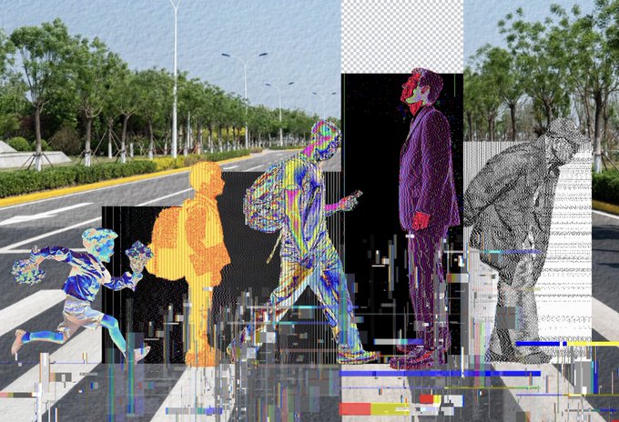 A digital collage showing colorful, glitchy figures of people walking and running across a tree-lined street with pixelation and digital artifacts.