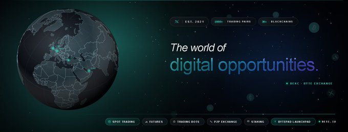 Promotional banner for BEXC crypto exchange displaying a globe, 'EST. 2021', '1000+ TRADING PAIRS', '30+ BLOCKCHAINS', and the tagline 'The world of digital opportunities.' with categories like Spot Trading, Futures, and P2P Exchange.