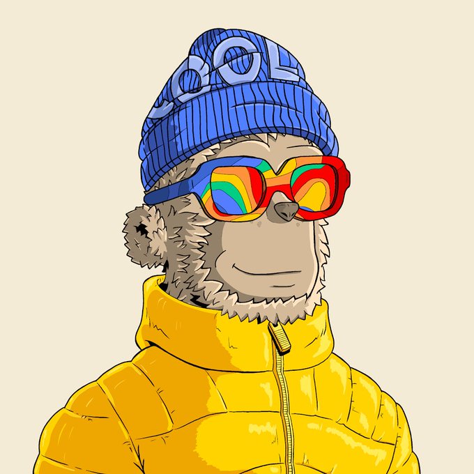 A digital illustration of a bear character wearing a blue beanie with 'COOL' written on it, rainbow-reflective ski goggles, and a bright yellow puffer jacket.