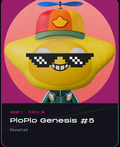 A smiling star-shaped yellow character wearing pixelated "deal with it" sunglasses, a propeller hat, and a teal jacket appears on a collectible-style card labeled "ROUND 1 · PLOPLO #5" and "Ploplo Genesis #5 — Revealed," representing the ET-Friends-001 character mentioned in the reveal announcement.