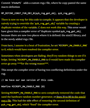 The image shows a GitHub commit (37e4af5) where a developer adds a custom reg.c file with a redefined `MICROPY_HW_ENABLE_RNG` macro, initially leaving it at 1 which caused compiler conflicts, then changing it to 0 to resolve the duplicate symbol error from the pyb_rng.o file.

This relates to the post by illustrating a debugging scenario where a developer struggles with code conflicts, drawing a loose parallel to the unpredictability and conflict inherent in Bitcoin's market dynamics.

**Note:** The image itself is about a MicroPython firmware commit, not directly about Bitcoin. The connection the post seems to draw is metaphorical — using the "frustration" and "random" nature of resolving a compiler bug as an analogy for the unpredictability of Bitcoin under potential "multi-vector attack."