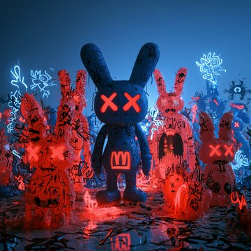 A neon-lit illustration of dark, stylized rabbit-like figures with glowing red 'X' eyes standing among red cylindrical characters, with graffiti on the walls.