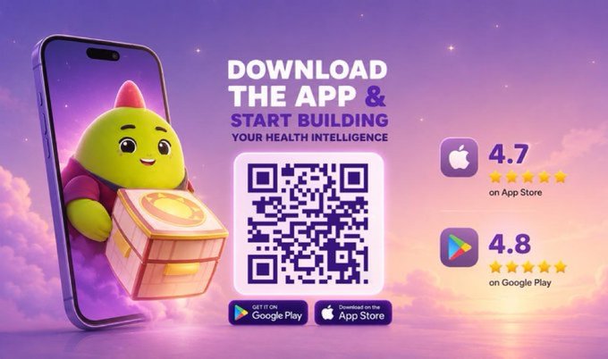 A promotional advertisement encouraging users to download a health app via QR code, showing a mascot holding a treasure chest and 4.7/4.8 ratings on the App Store and Google Play.