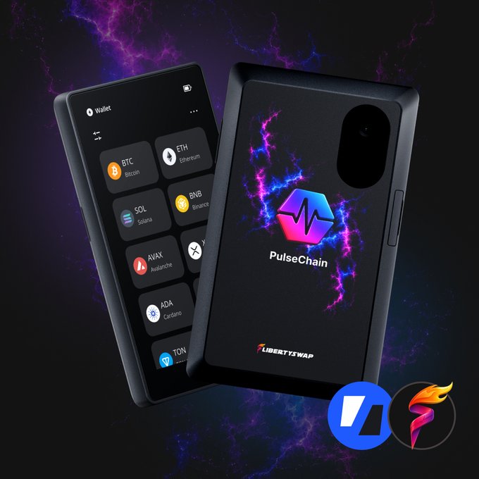 The image features a cell phone case with a PulseChain logo, along with a small screen showing the PulseChain app. The background of the image is dark purple, creating an interesting contrast with the black case and white screen. There are also other elements in the image that may be related to the post or the PulseChain product.