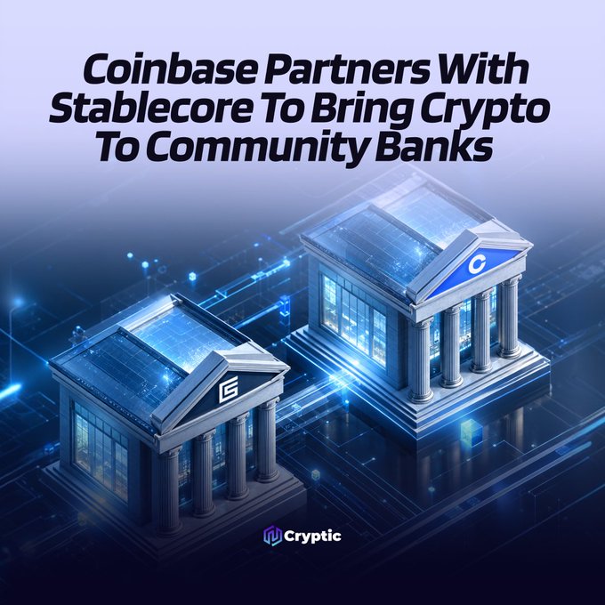 A digital illustration features two classical bank buildings with "C" and "S" emblems connected by glowing circuit lines, visualizing the partnership between Coinbase (C) and Stablecore (S) to integrate crypto services into community banks, as noted by the headline "Coinbase Partners With Stablecore To Bring Crypto To Community Banks" and the "Cryptic" watermark.