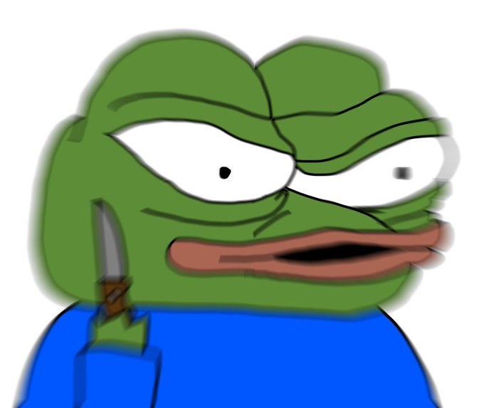 A pixelated meme image of the green Pepe the Frog character looking sideways while holding a small knife against a white background.
