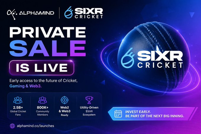 A promotional banner announces the live private sale of SIXR Cricket on AlphaMind, highlighting key metrics such as 2.5B+ global cricket fans, 800K+ community members, and a utility-driven Web2 & Web3 ecosystem, with an early investment call-to-action at app.alphamind.co/launches—matching the post's invitation to secure an allocation on the AlphaMind platform.