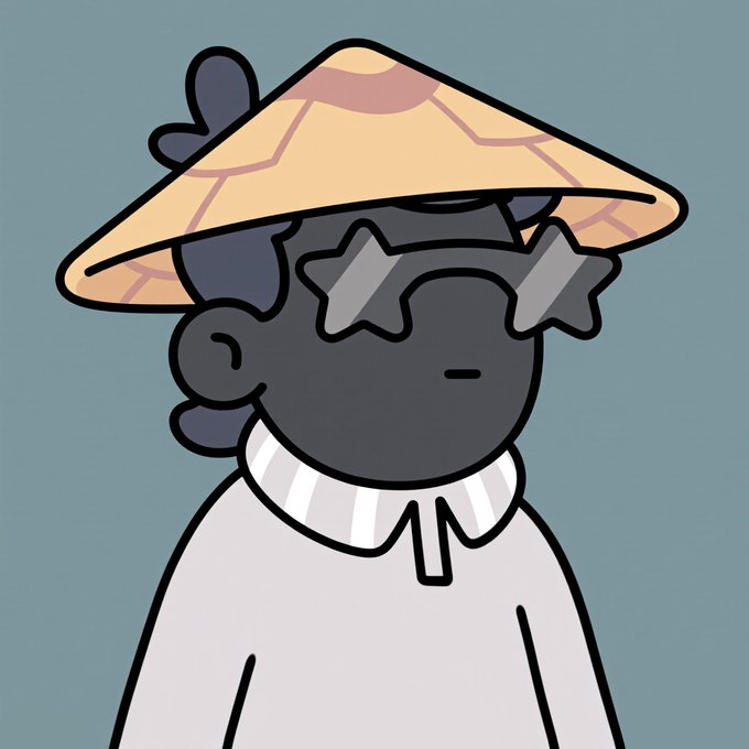 A cartoon illustration of a dark-skinned character wearing a large conical straw hat and star-shaped sunglasses, dressed in a white and gray striped collared shirt against a muted teal background.