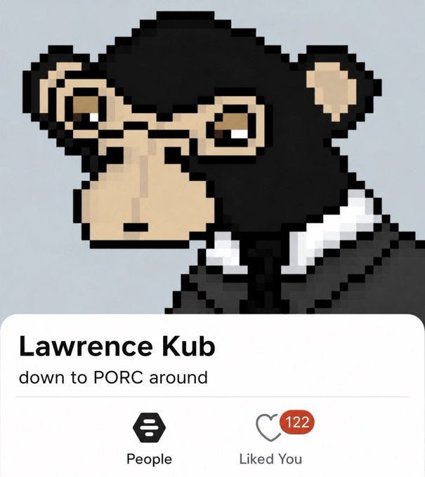 A pixel art illustration of a chimpanzee in a suit, displayed as a dating app profile card for "Lawrence Kub" with the tagline "down to PORC around."
