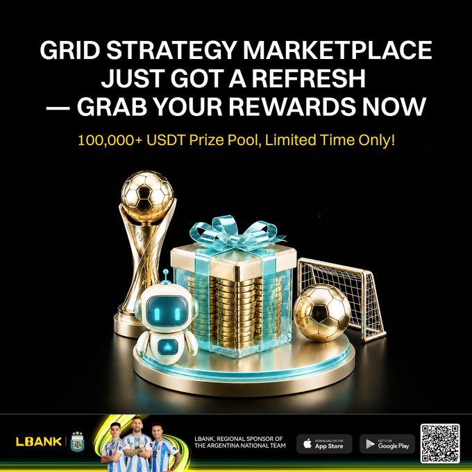 The image is a promotional banner announcing a refreshed Grid Strategy Marketplace on LBank, featuring a "100,000+ USDT Prize Pool, Limited Time Only!" alongside 3D renders of a gold soccer trophy, a gift box filled with coins, a soccer ball, goal net, and a robot mascot, with LBank's logo and App Store/Google Play download buttons at the bottom. The soccer-themed imagery ties into LBank's regional sponsorship of the Argentina National Team, visually reinforcing the campaign's celebratory "grab your rewards" message.