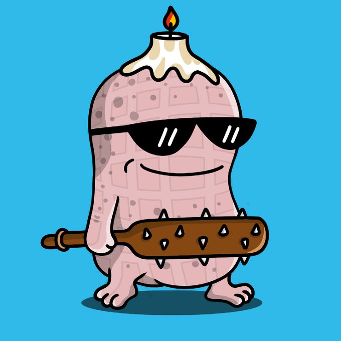 A cartoon illustration of a pink character wearing black sunglasses, holding a spiked wooden club, with a lit candle on top of its head, set against a blue background.