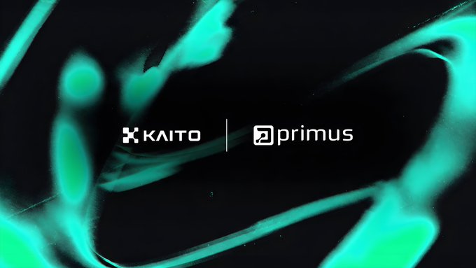 A dark promotional graphic with swirling teal/mint green light effects, displaying the logos 'KAITO' and 'primus' in the center.