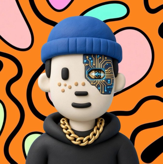 A 3D-rendered stylized character wearing a blue beanie, black hoodie, and gold chain, featuring a cybernetic circuit-pattern eye on one side of its face against an orange background with abstract colorful shapes.