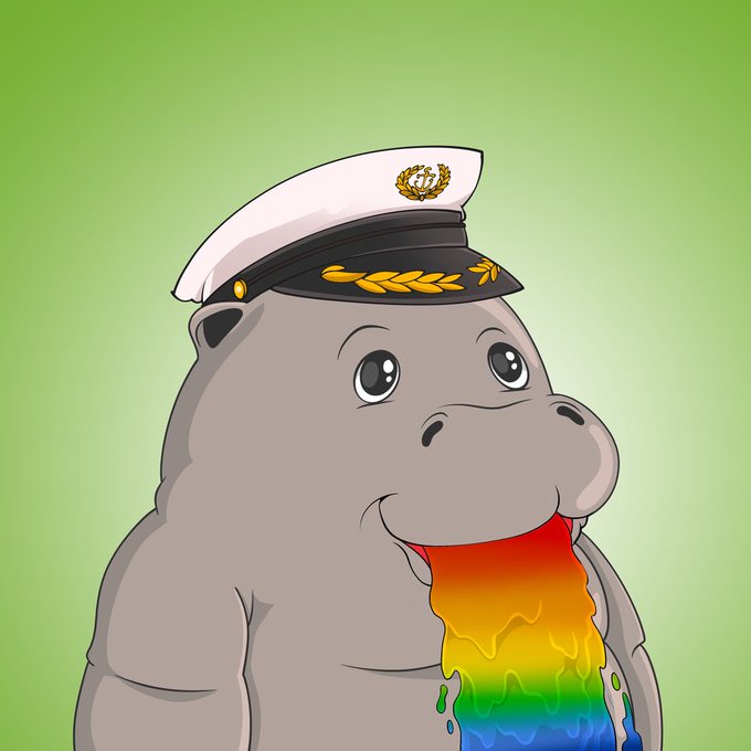 A cartoon illustration of the 'Sad Hippo' or 'Flork of Cows' meme, depicted as a gray hippopotamus wearing a white naval officer's cap and vomiting a rainbow.