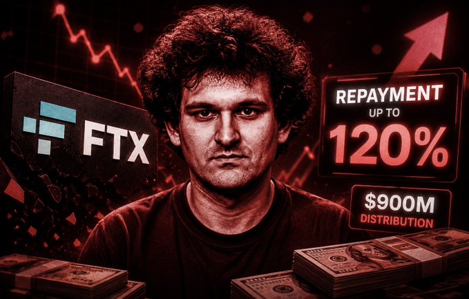 A dramatic red-tinted graphic featuring Sam Bankman-Fried with the FTX logo, text reading 'REPAYMENT UP TO 120%' and '$900M DISTRIBUTION,' with a rising chart and stacks of cash.