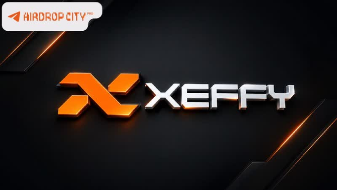 A dark, sleek graphic from 'Airdrop City' featuring the 'XEFFY' logo in orange and white with a futuristic design.