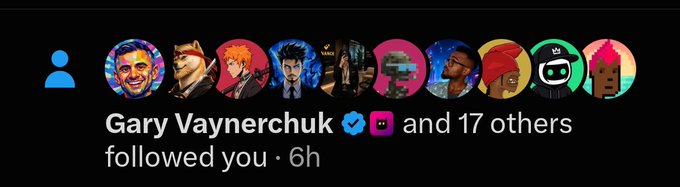 A social media notification showing "Gary Vaynerchuk ✓ and 17 others followed you · 6h," featuring a row of colorful profile pictures including the verified Gary Vaynerchuk and Ninja icons, corresponding to the user's post about receiving a follow and DM from @garyvee.