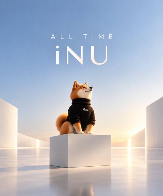 The image shows a Shiba Inu dog wearing a black "iNU" hoodie, sitting majestically on a white pedestal with the text "ALL TIME iNU" displayed above, perfectly complementing the "soon $inu" post by branding the meme coin with an all-time high aesthetic.