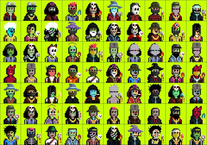 A grid of pixel-art character portraits displays numerous Cryptopunk-style figures with diverse hairstyles, accessories, and skin colors against bright green backgrounds.