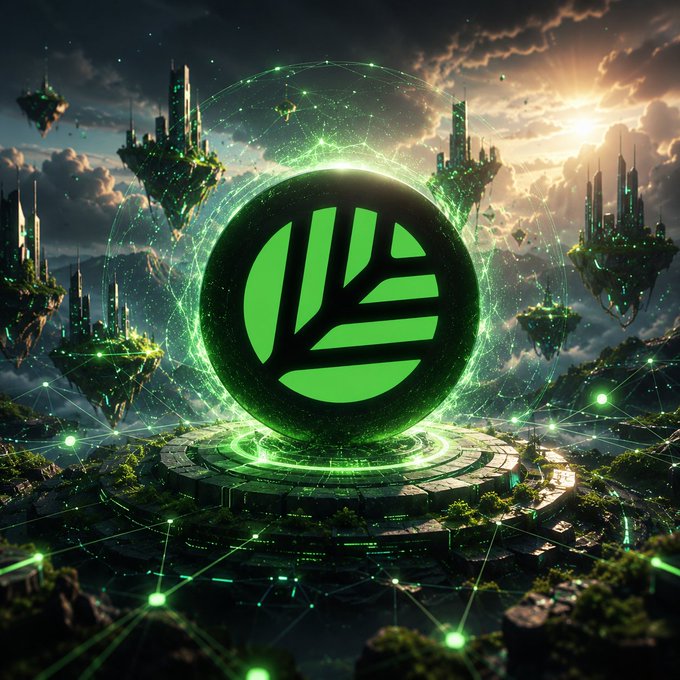 A fantasy digital artwork featuring a glowing green circular logo with a leaf-like emblem, set against floating islands and futuristic cityscapes under a dramatic sky.