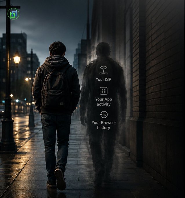 Dark, moody illustration of a person with a backpack walking down a wet city street at night, accompanied by a shadowy ghost-like figure labeled with 'Your ISP', 'Your App activity', and 'Your Browser history'.