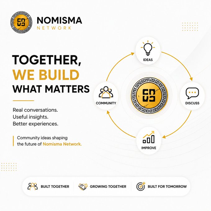 A marketing graphic for "NOMISMA NETWORK" with the tagline "TOGETHER, WE BUILD WHAT MATTERS" and a circular diagram showing Community, Ideas, Discuss, and Improve.