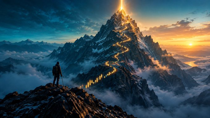 A lone figure with a walking stick stands on a rocky mountain peak at sunrise, looking toward a distant summit illuminated by a glowing peak with a winding path of lights.